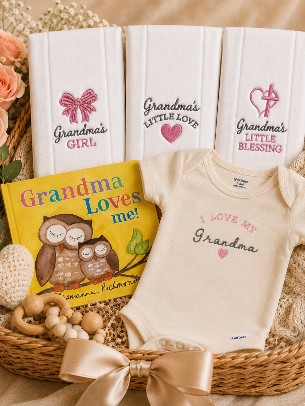 I Love My Grandma Embroidered ONESIE, Embroidered BabyNewborn Gift Set Book +